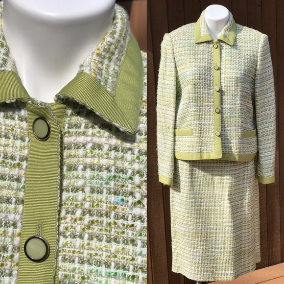 Boucle Knit Tweed Skirt Suit Set Chartreuse Green Via Condotti Women's Size 12 - Picture 1 of 8